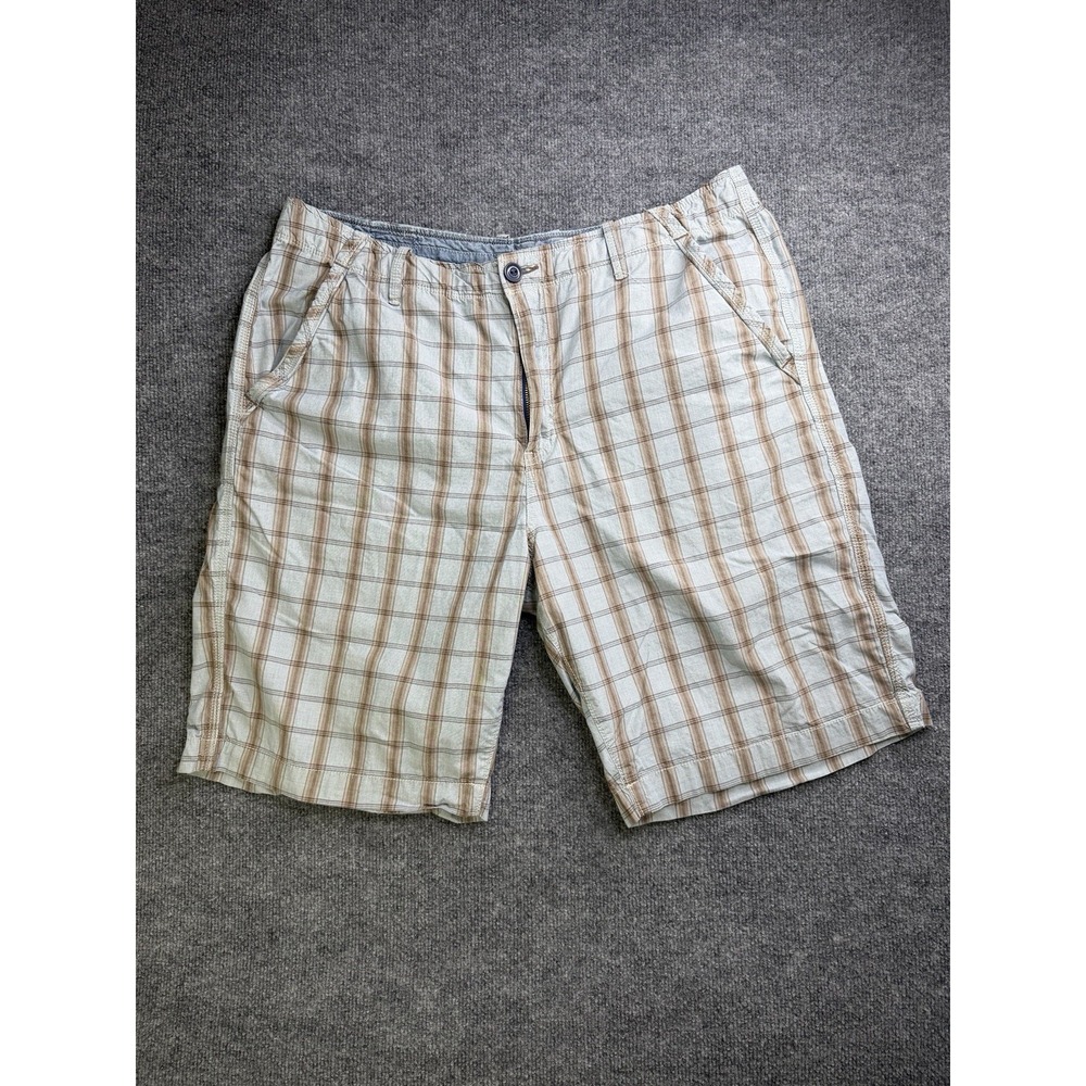 Lucky Brand Men Plaid Chino Shorts Size 38 Brown Light Blue Cotton Flat Front